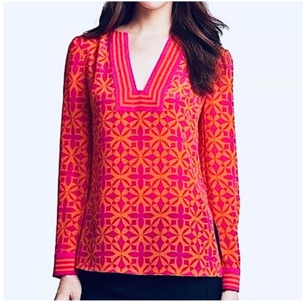 Trina Turk Women's Tunic Vneck Blouse 100% Silk Med Pink Orange Gold buttons